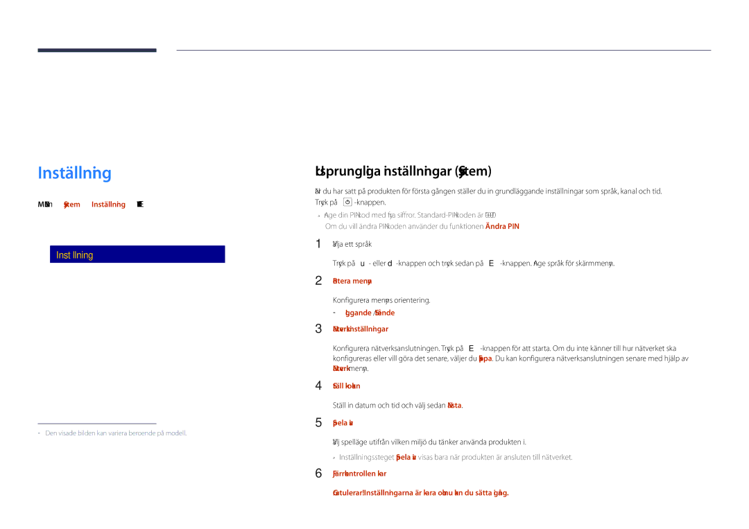 Samsung LH55DHDPLGC/EN, LH48DHDPLGC/EN, LH40DHDPLGC/EN manual Inställning, Ursprungliga inställningar System 