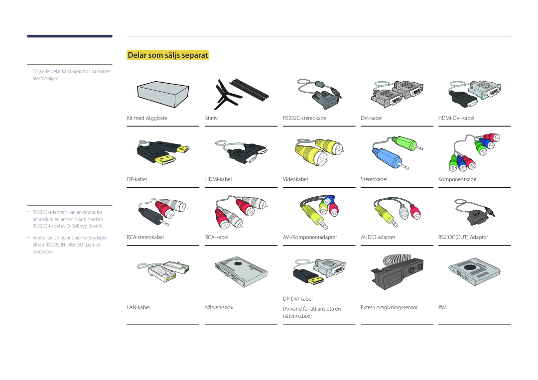 Samsung LH48DHDPLGC/EN, LH55DHDPLGC/EN, LH40DHDPLGC/EN manual Delar som säljs separat, RCA-stereokabel RCA-kabel 