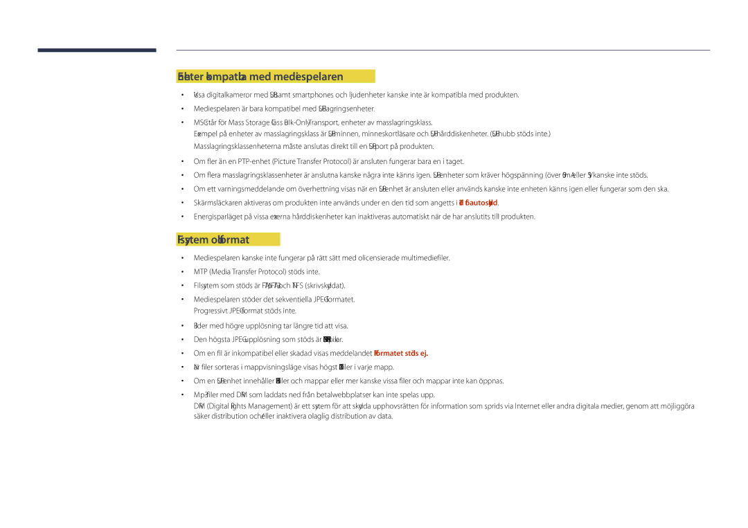 Samsung LH55DHDPLGC/EN, LH48DHDPLGC/EN, LH40DHDPLGC/EN manual Enheter kompatibla med mediespelaren, Filsystem och format 