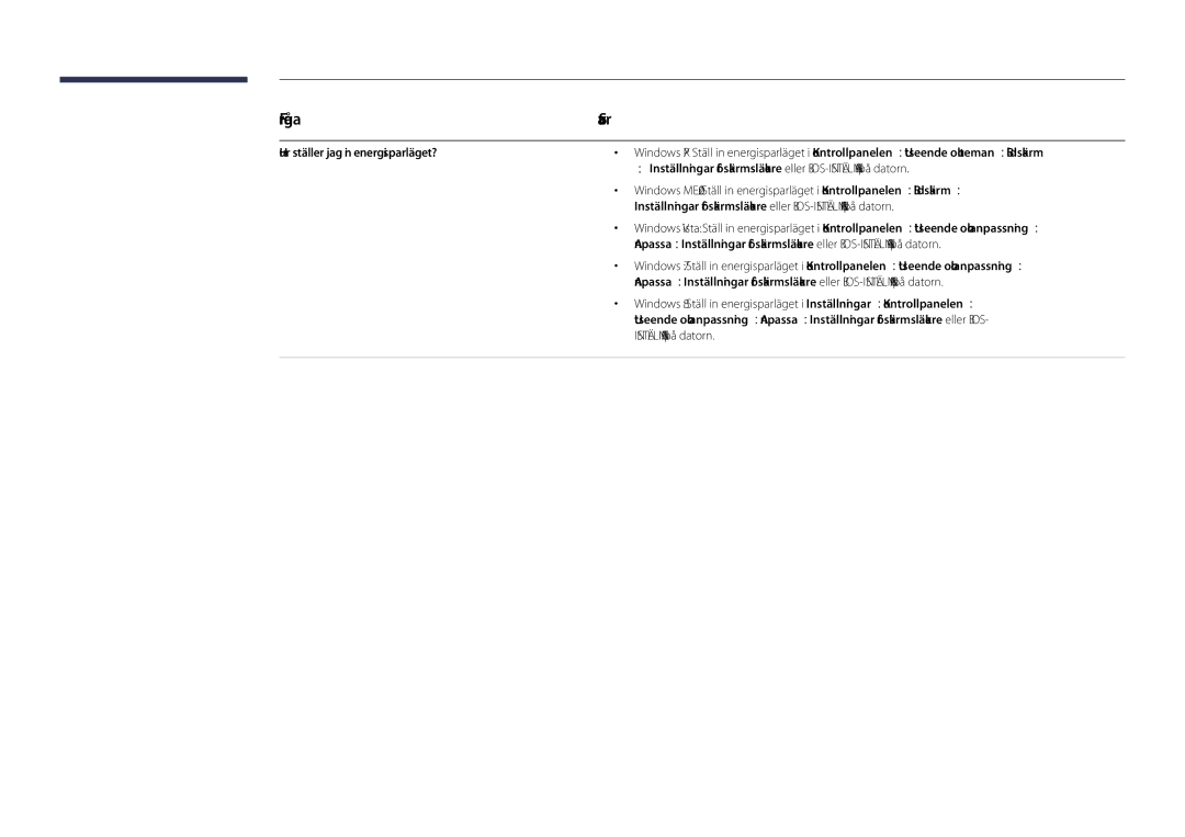 Samsung LH40DHDPLGC/EN, LH55DHDPLGC/EN, LH48DHDPLGC/EN manual Fråga, Svar, Hur ställer jag in energisparläget? 