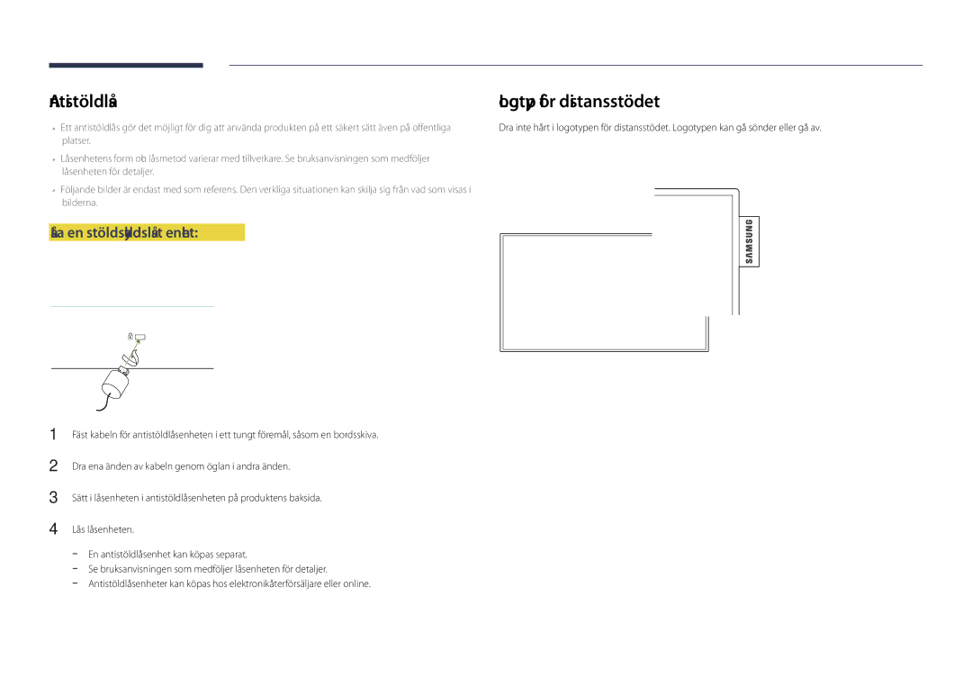 Samsung LH40DHDPLGC/EN, LH55DHDPLGC/EN, LH48DHDPLGC/EN manual Antistöldlås, Låsa en stöldskyddslåst enhet 