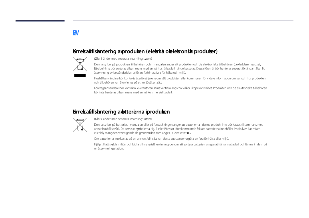 Samsung LH55DHDPLGC/EN Korrekt avfallshantering av batterierna i produkten, Gäller i länder med separata insamlingssystem 