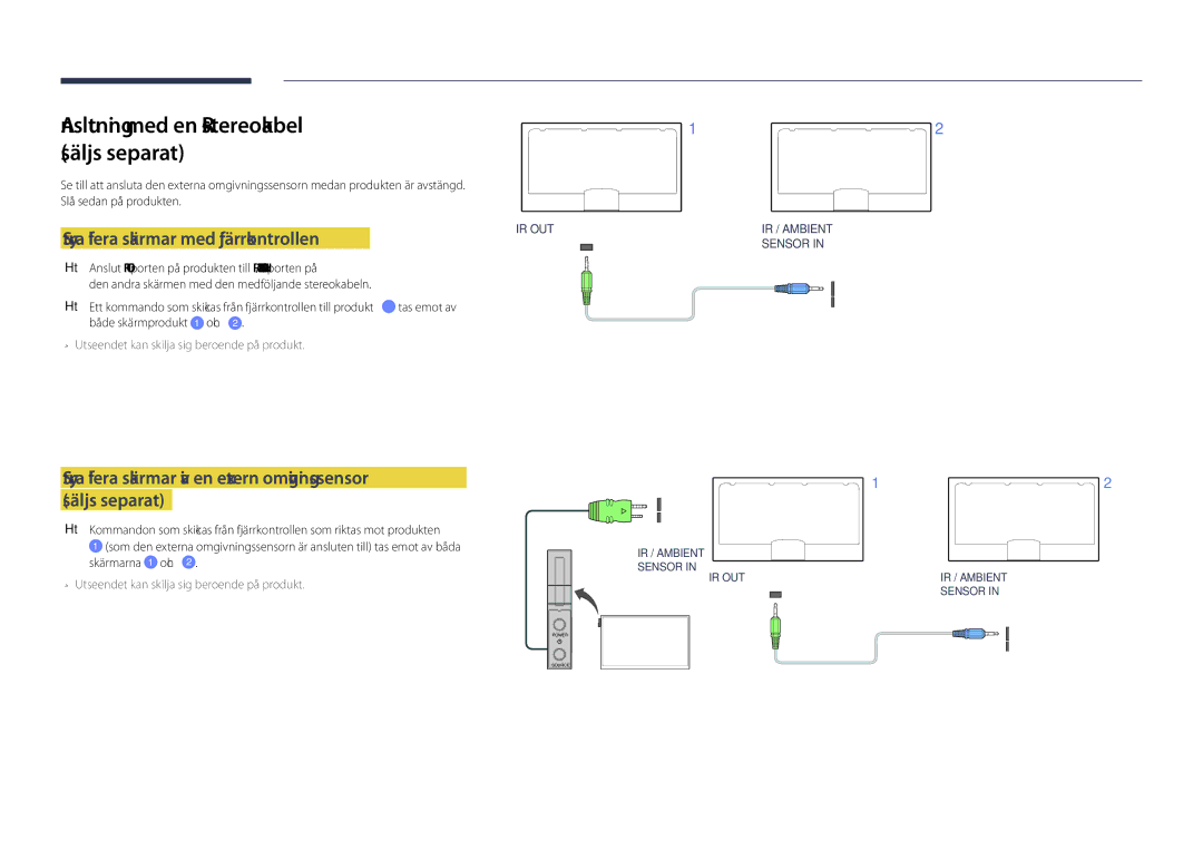 Samsung LH40DHDPLGC/EN manual Anslutning med en IR-stereokabel säljs separat, Styra flera skärmar med fjärrkontrollen 