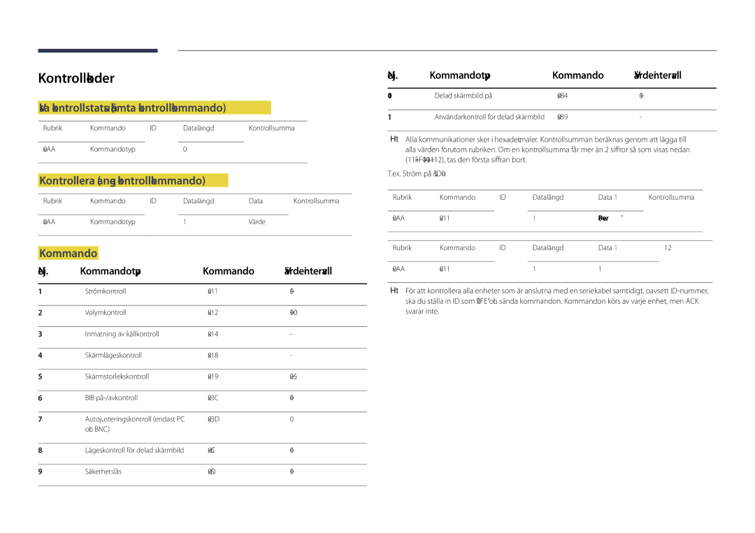 Samsung LH55DHDPLGC/EN manual Kontrollkoder, Visa kontrollstatus hämta kontrollkommando, Kontrollera ange kontrollkommando 