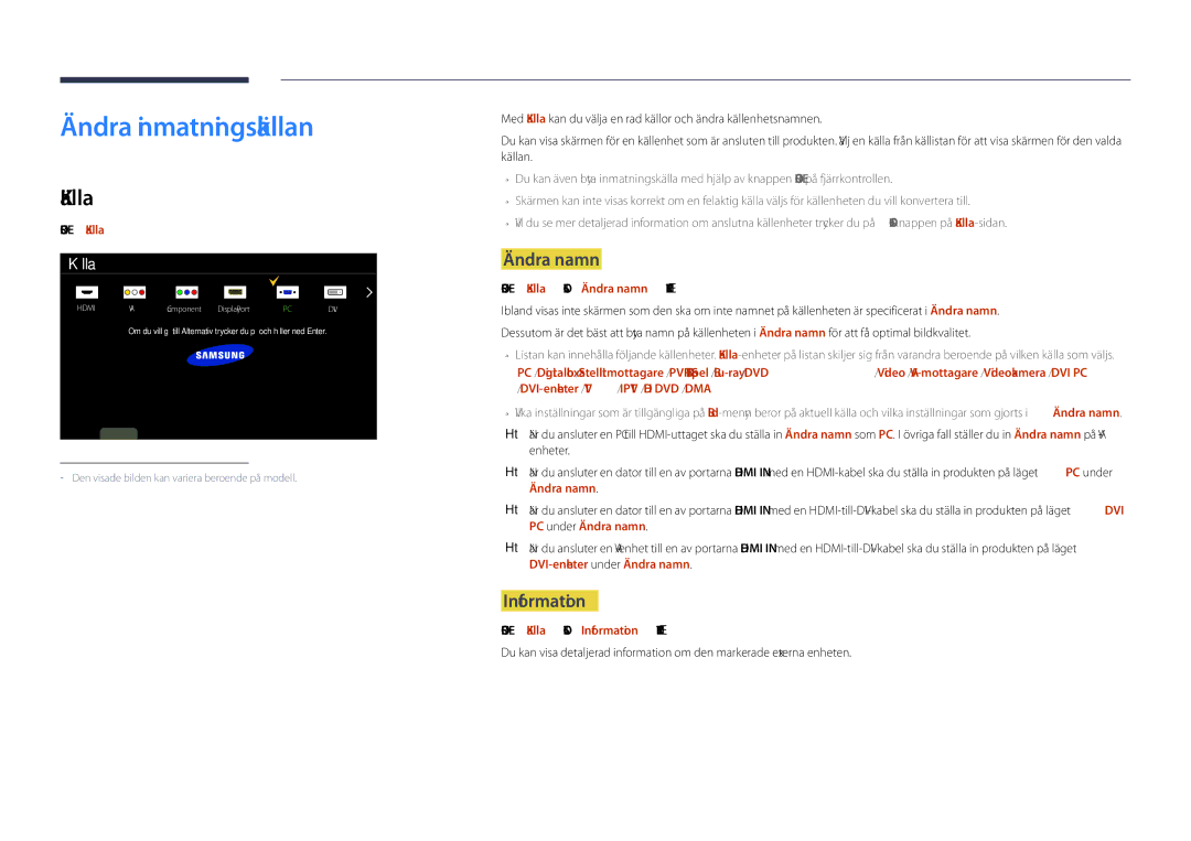 Samsung LH55DHDPLGC/EN, LH48DHDPLGC/EN, LH40DHDPLGC/EN manual Ändra inmatningskällan, Källa, Ändra namn, Information 