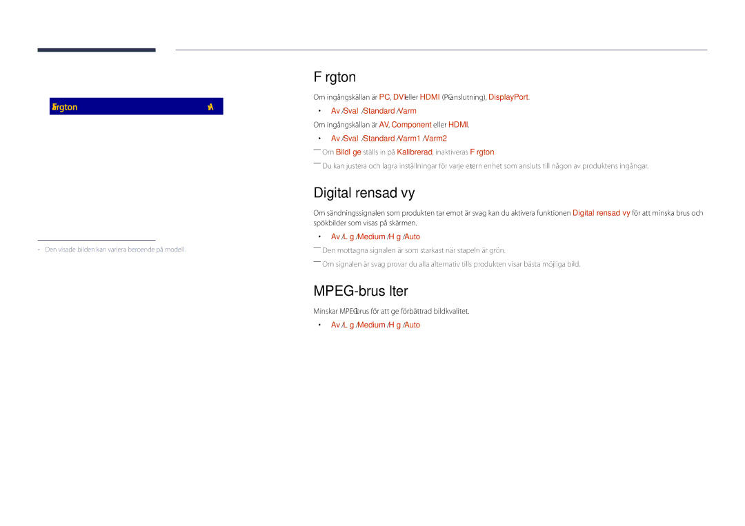 Samsung LH48DHDPLGC/EN, LH55DHDPLGC/EN, LH40DHDPLGC/EN manual Färgton, Digital rensad vy, MPEG-brusfilter 