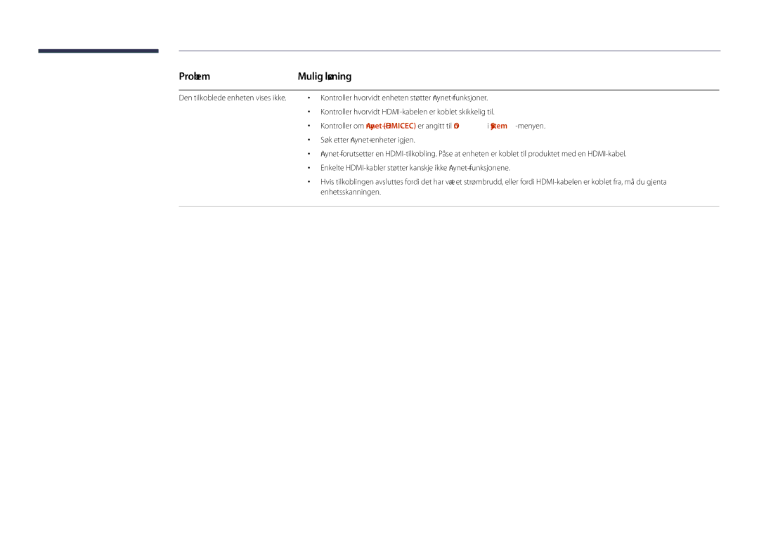 Samsung LH48DHDPLGC/EN, LH55DHDPLGC/EN, LH40DHDPLGC/EN manual Problem, Mulig løsning 