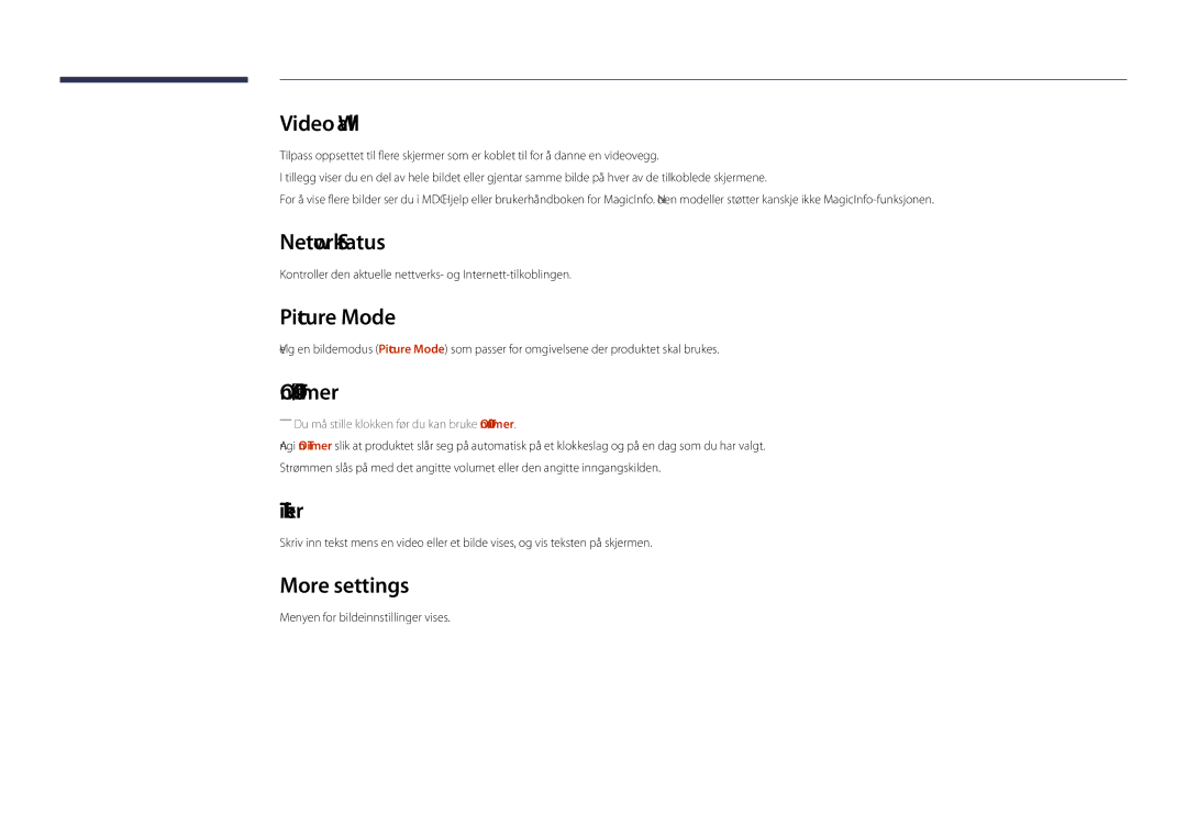 Samsung LH55DHDPLGC/EN, LH48DHDPLGC/EN, LH40DHDPLGC/EN Network Status, Picture Mode, On/Off Timer, Ticker, More settings 