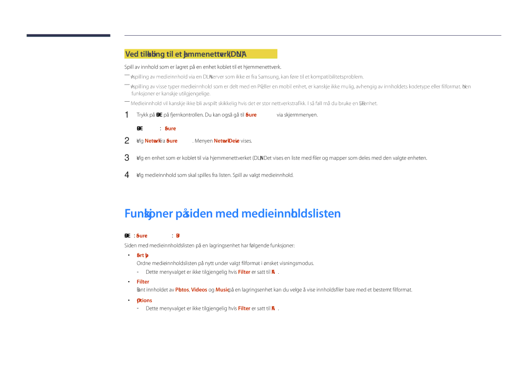 Samsung LH55DHDPLGC/EN manual Funksjoner på siden med medieinnholdslisten, Ved tilkobling til et hjemmenettverk Dlna 