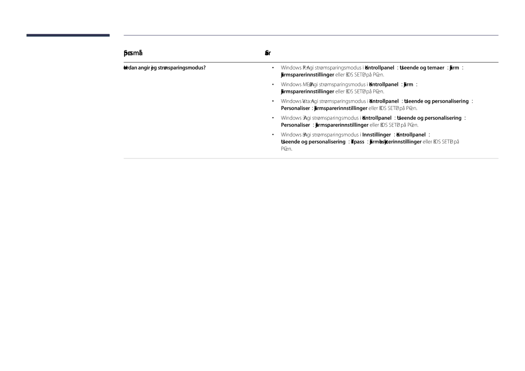 Samsung LH40DHDPLGC/EN manual Hvordan angir jeg strømsparingsmodus?, Skjermsparerinnstillinger eller Bios Setup på PC-en 