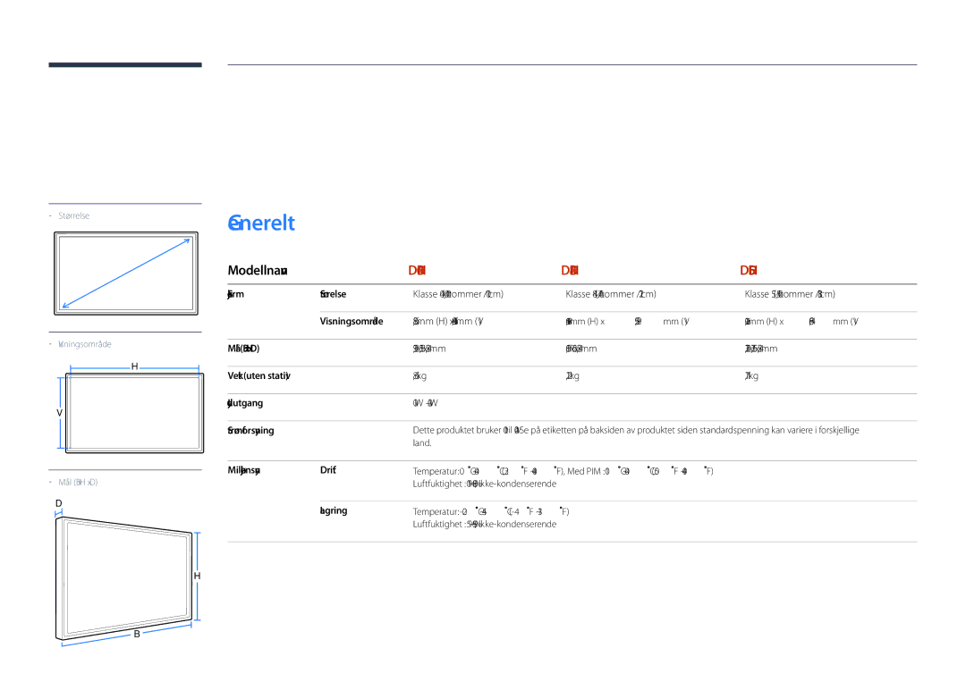 Samsung LH55DHDPLGC/EN, LH48DHDPLGC/EN, LH40DHDPLGC/EN manual Spesifikasjoner, Generelt 