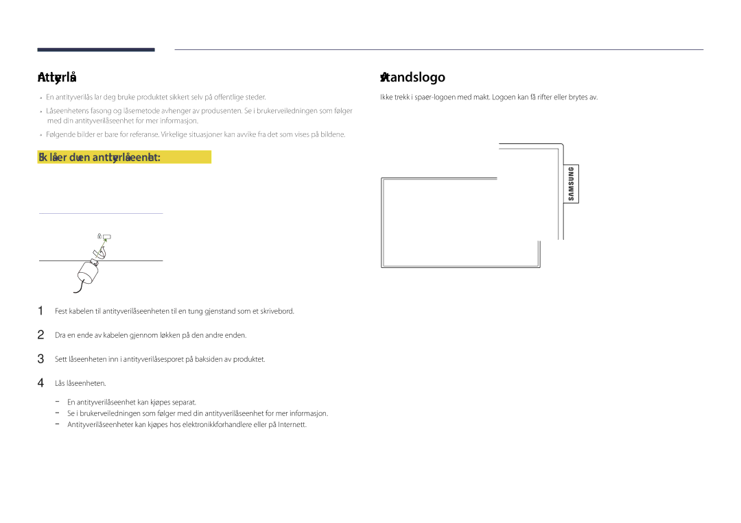 Samsung LH40DHDPLGC/EN, LH55DHDPLGC/EN, LH48DHDPLGC/EN manual Antityverilås, Slik låser du en antityverilåseenhet 