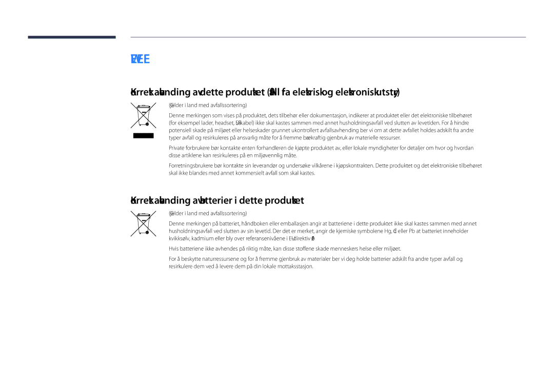 Samsung LH55DHDPLGC/EN manual Korrekt avhending av batterier i dette produktet, Gjelder i land med avfallssortering 