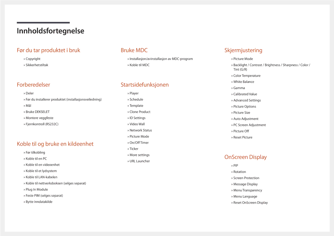 Samsung LH40DHDPLGC/EN, LH55DHDPLGC/EN, LH48DHDPLGC/EN manual Innholdsfortegnelse 