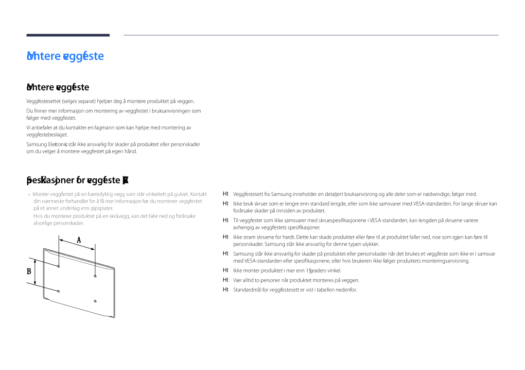 Samsung LH55DHDPLGC/EN, LH48DHDPLGC/EN, LH40DHDPLGC/EN manual Montere veggfeste, Spesifikasjoner for veggfeste Vesa 