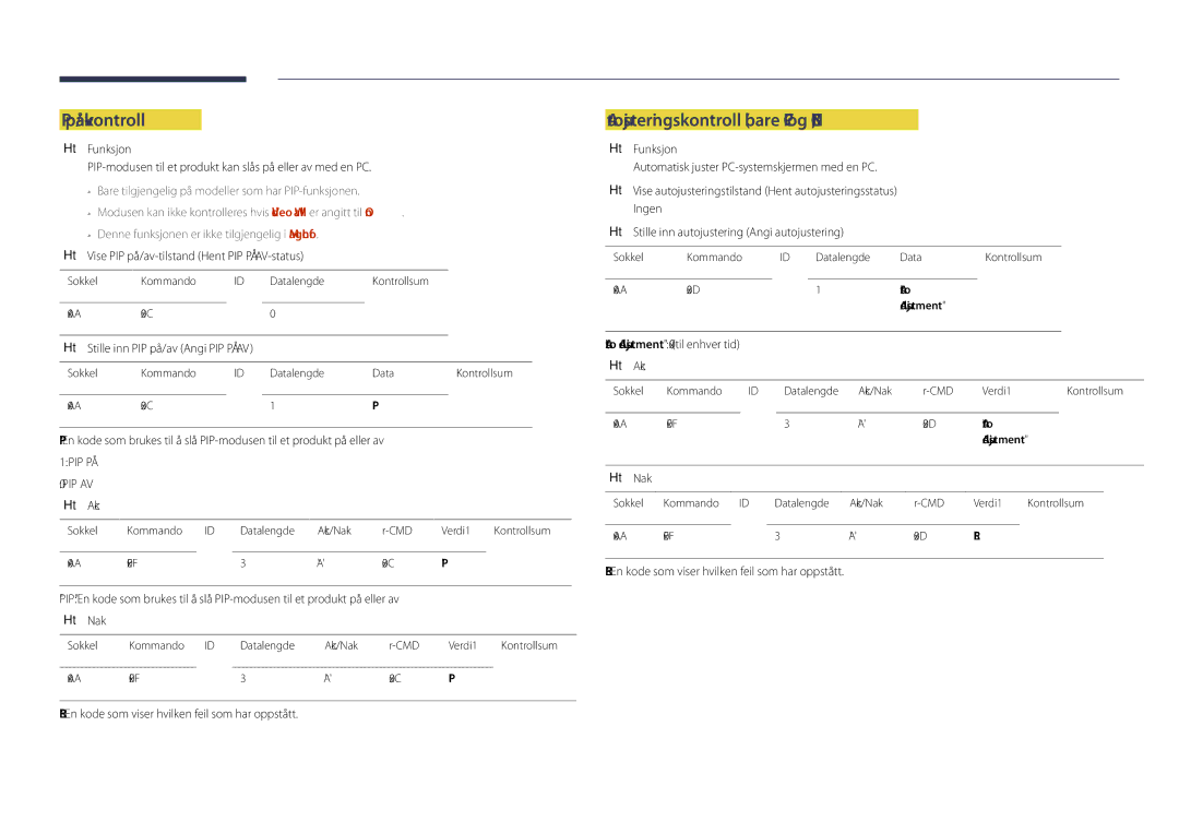 Samsung LH48DHDPLGC/EN PIP på/av-kontroll, Autojusteringskontroll bare PC og BNC, Stille inn PIP på/av Angi PIP PÅ/AV 