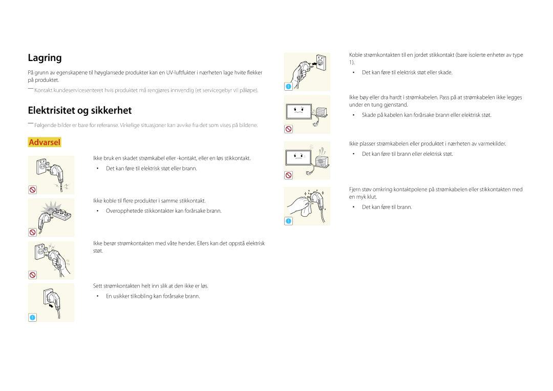 Samsung LH55DHDPLGC/EN, LH48DHDPLGC/EN, LH40DHDPLGC/EN manual Lagring, Elektrisitet og sikkerhet 