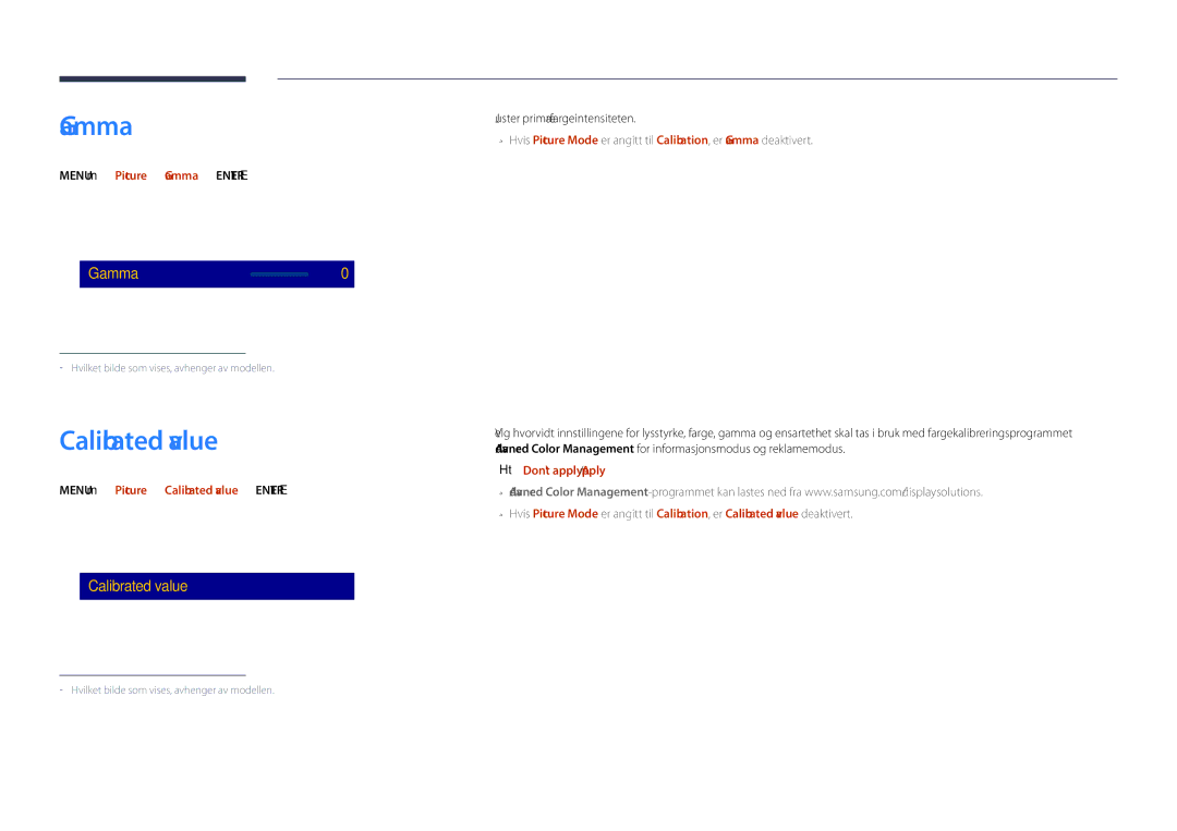 Samsung LH55DHDPLGC/EN, LH48DHDPLGC/EN manual Calibrated value, Menu m → Picture → Gamma → Enter E, Dont apply / Apply 