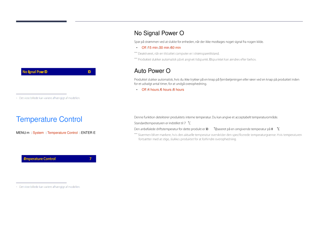 Samsung LH48DHDPLGC/EN, LH55DHDPLGC/EN, LH40DHDPLGC/EN manual Temperature Control, No Signal Power Off, Auto Power Off 