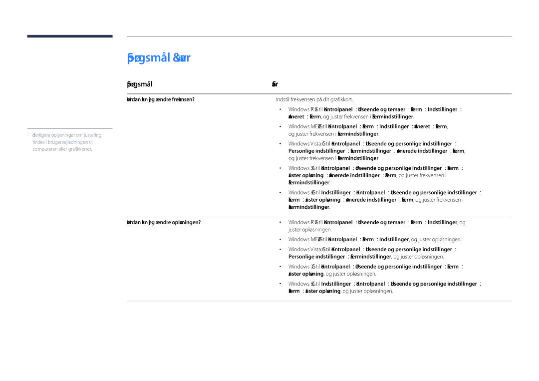 Samsung LH48DHDPLGC/EN manual Spørgsmål & svar, Spørgsmål Svar, Hvordan kan jeg ændre frekvensen?, Skærmindstillinger 