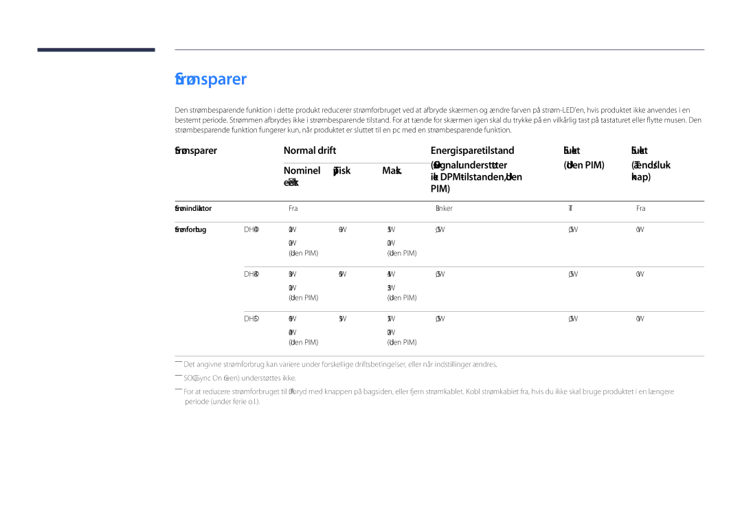 Samsung LH40DHDPLGC/EN manual Strømsparer, Maks, Ikke DPM-tilstanden, Uden Knap Effekt, Strømindikator, Strømforbrug 