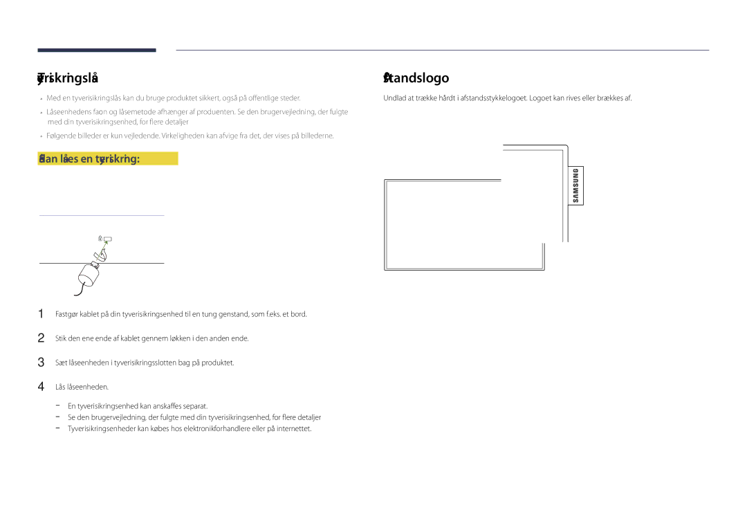 Samsung LH40DHDPLGC/EN, LH55DHDPLGC/EN, LH48DHDPLGC/EN manual Tyverisikringslås, Sådan låses en tyverisikring 