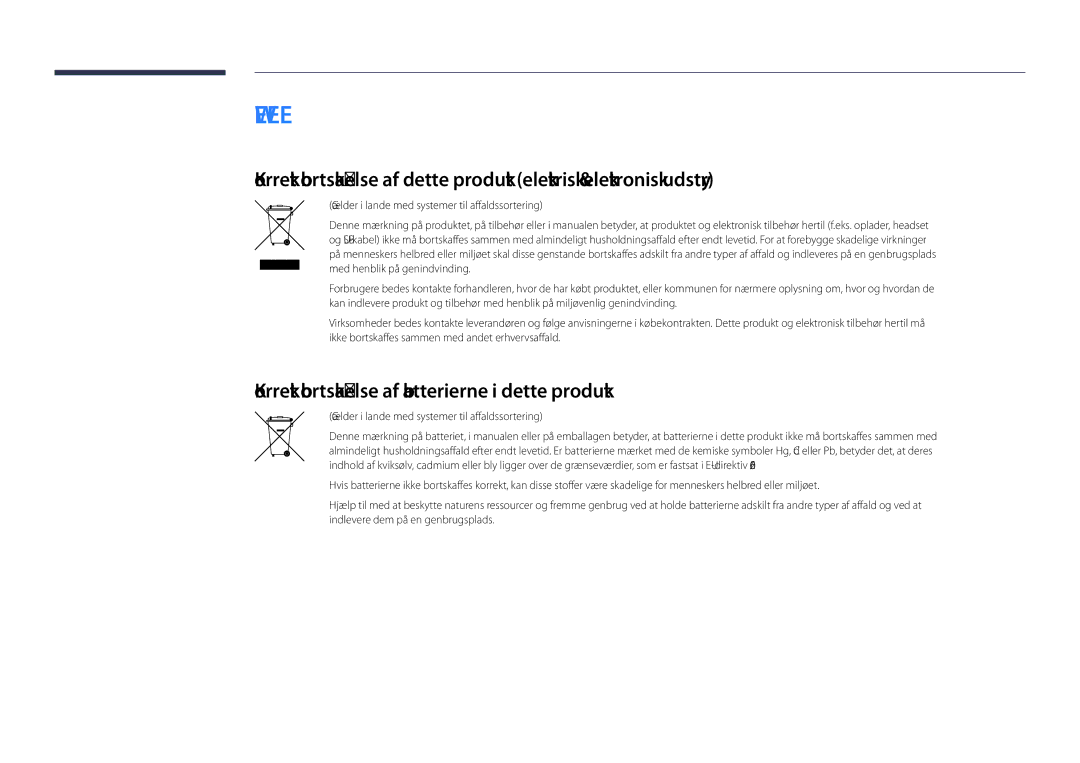 Samsung LH55DHDPLGC/EN, LH48DHDPLGC/EN, LH40DHDPLGC/EN manual Korrekt bortskaffelse af batterierne i dette produkt 