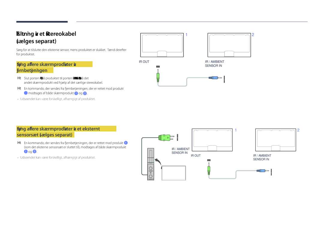 Samsung LH40DHDPLGC/EN, LH55DHDPLGC/EN, LH48DHDPLGC/EN manual Tilslutning via et IR-stereokabel sælges separat 