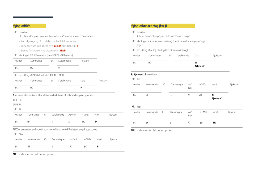 Samsung LH48DHDPLGC/EN Styring af PIP til/fra, Styring af autojustering PC, kun BNC, Auto Adjustment 0x00 hele tiden Ack 