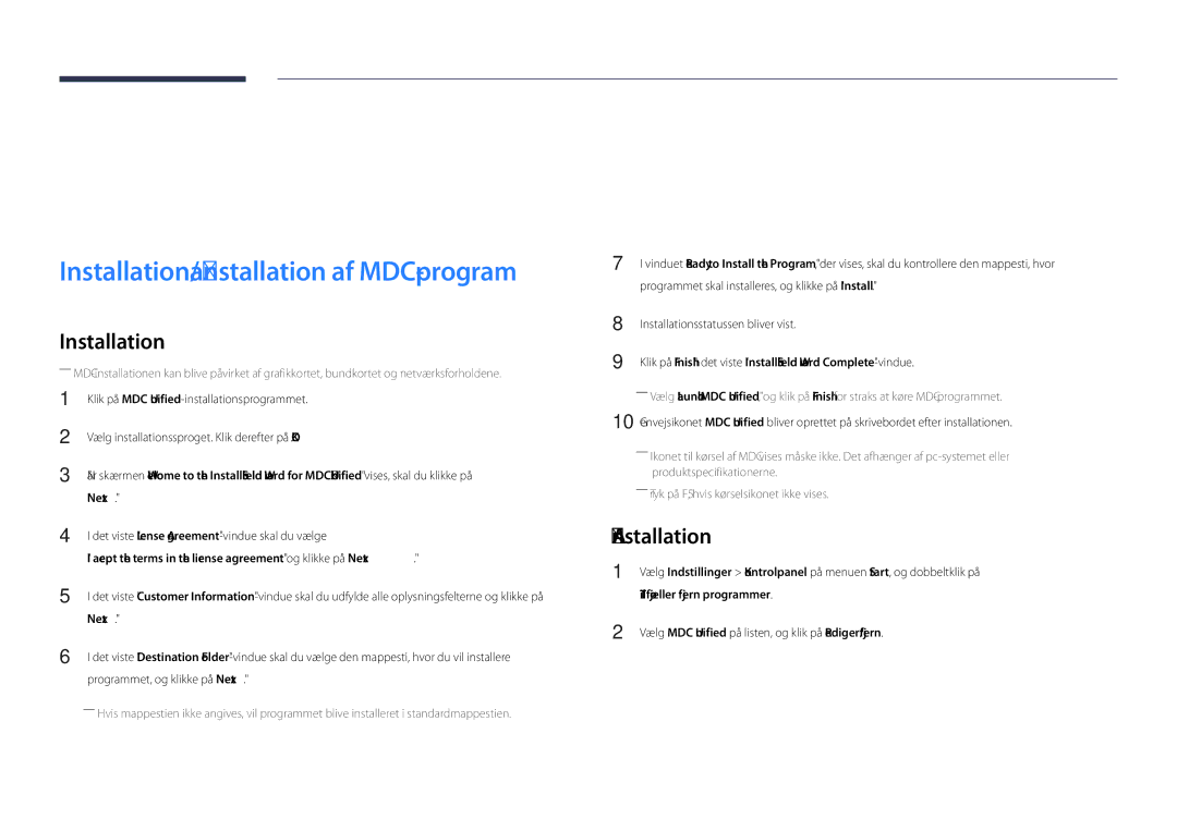 Samsung LH48DHDPLGC/EN, LH55DHDPLGC/EN, LH40DHDPLGC/EN manual Brug af MDC, Afinstallation, Tilføj eller fjern programmer 