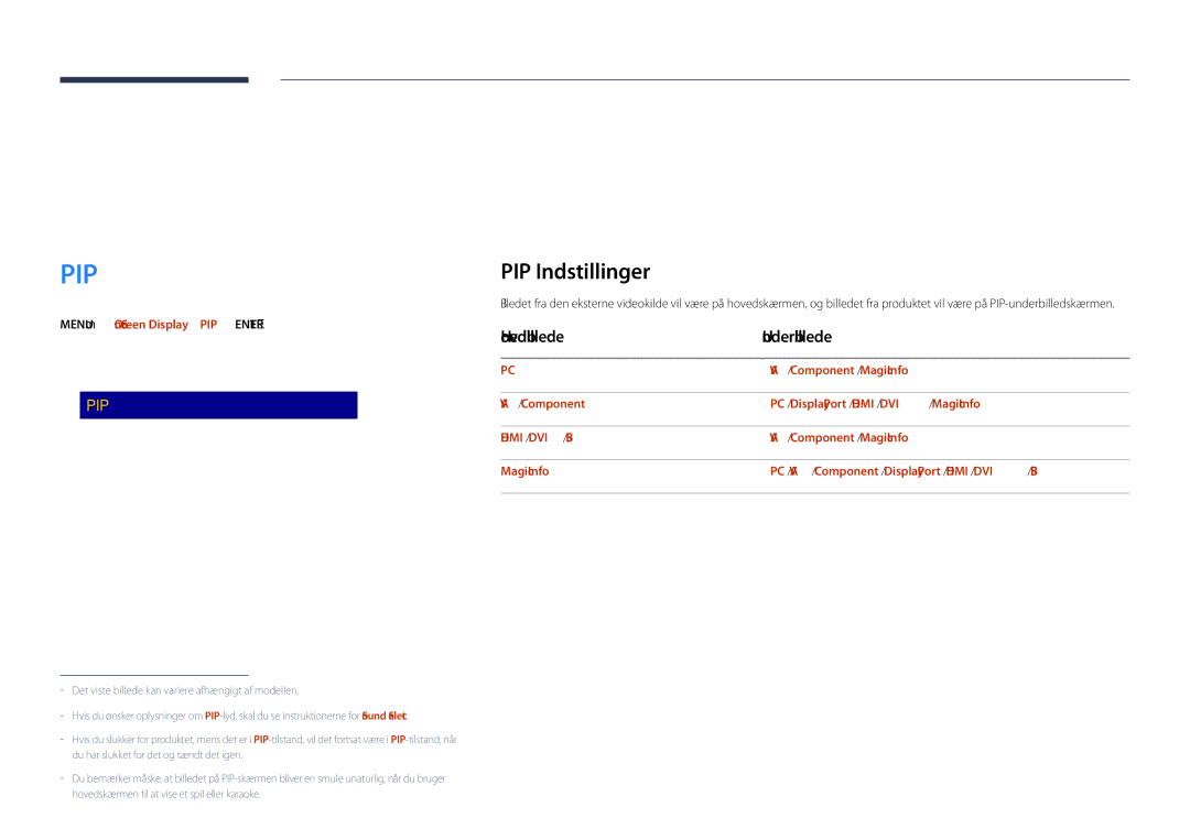 Samsung LH40DHDPLGC/EN, LH55DHDPLGC/EN, LH48DHDPLGC/EN manual OnScreen Display, PIP Indstillinger, Hovedbillede Underbillede 