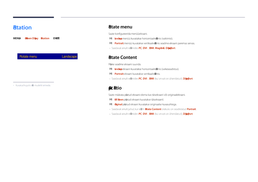 Samsung LH48DHDPLGC/EN, LH55DHDPLGC/EN, LH40DHDPLGC/EN manual Rotation, Rotate menu, Rotate Content, Aspect Ratio 