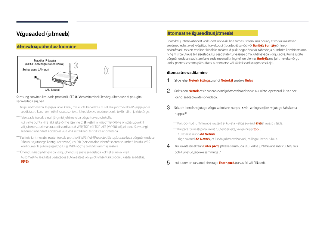 Samsung LH55DHDPLGC/EN Võrguseaded juhtmevaba, Juhtmevaba võrguühenduse loomine, Automaatne võrguseadistus juhtmevaba 