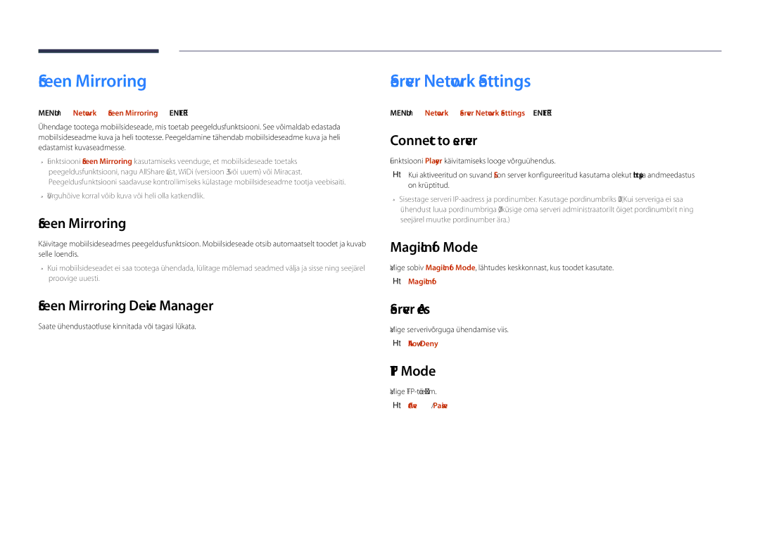 Samsung LH48DHDPLGC/EN, LH55DHDPLGC/EN, LH40DHDPLGC/EN manual Screen Mirroring, Server Network Settings 