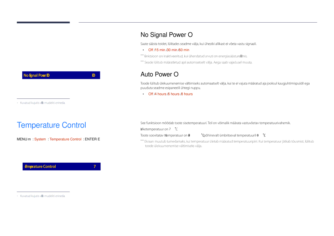 Samsung LH48DHDPLGC/EN, LH55DHDPLGC/EN, LH40DHDPLGC/EN manual Temperature Control, No Signal Power Off, Auto Power Off 