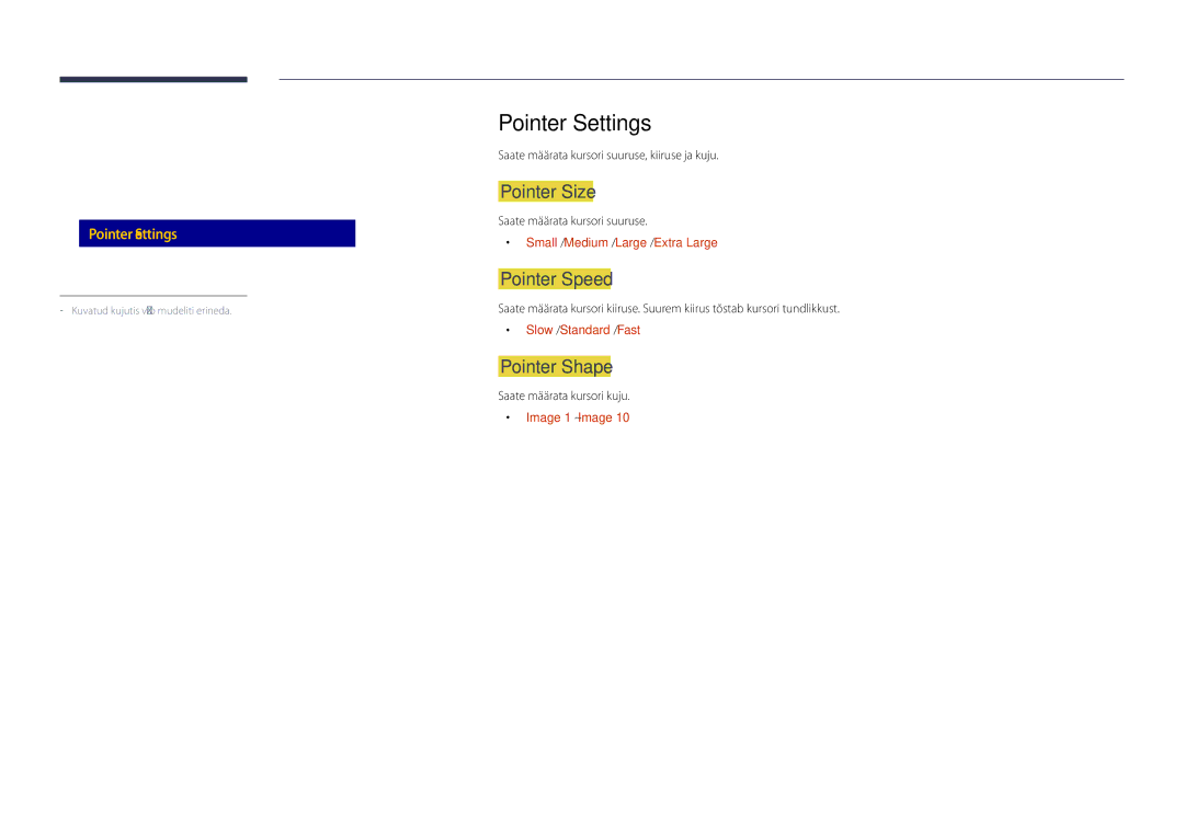 Samsung LH48DHDPLGC/EN Pointer Settings, Pointer Size, Pointer Speed, Pointer Shape, Keyboard Settings Mouse Settings 