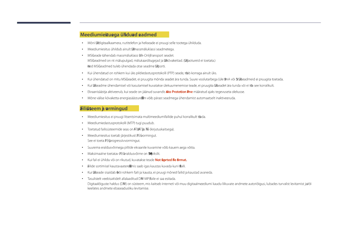 Samsung LH55DHDPLGC/EN, LH48DHDPLGC/EN, LH40DHDPLGC/EN manual Meediumiesitusega ühilduvad seadmed, Failisüsteem ja vormingud 