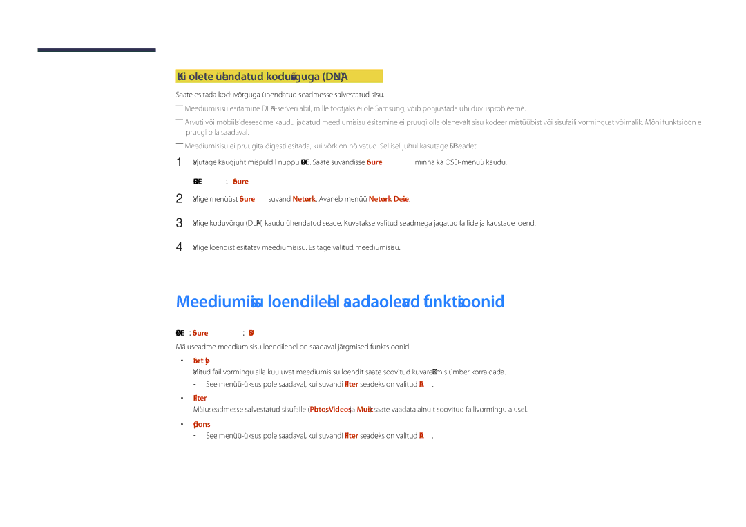 Samsung LH55DHDPLGC/EN Meediumisisu loendilehel saadaolevad funktsioonid, Kui olete ühendatud koduvõrguga Dlna, Filter 