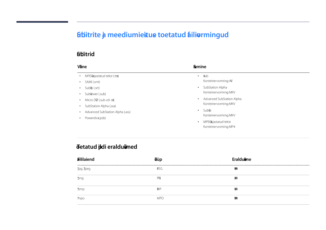 Samsung LH40DHDPLGC/EN Subtiitrite ja meediumiesituse toetatud failivormingud, Subtiitrid, Toetatud pildi eraldusvõimed 