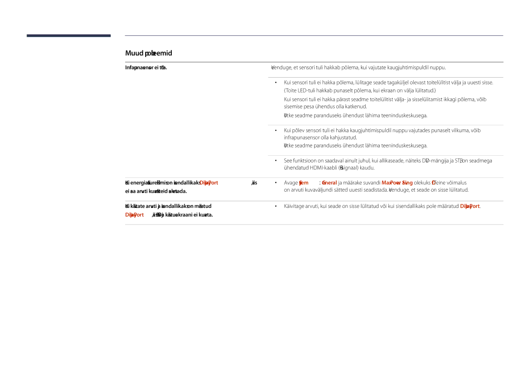 Samsung LH55DHDPLGC/EN, LH48DHDPLGC/EN, LH40DHDPLGC/EN manual Infrapunasensor ei tööta, Ei saa arvuti kuvasätteid salvestada 