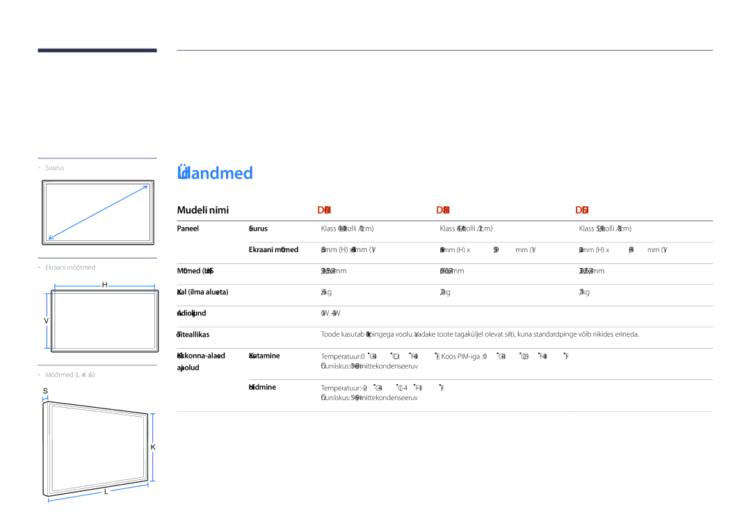 Samsung LH55DHDPLGC/EN, LH48DHDPLGC/EN, LH40DHDPLGC/EN manual Tehnilised andmed, Üldandmed 