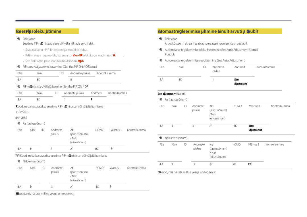 Samsung LH48DHDPLGC/EN manual PIP sees-/väljasoleku juhtimine, Automaatreguleerimise juhtimine ainult arvuti ja BNC puhul 