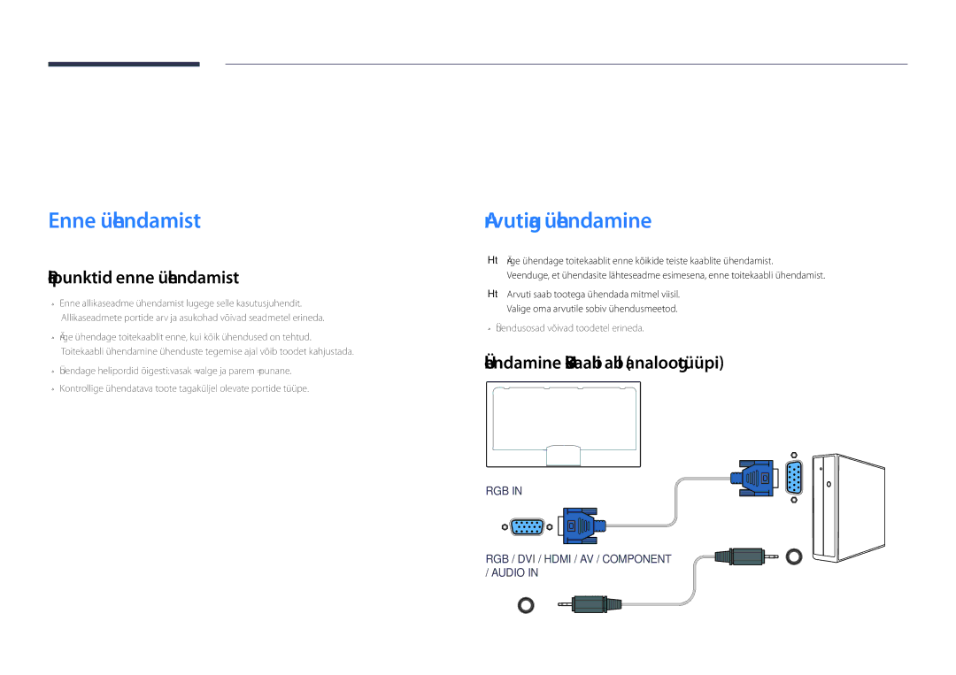 Samsung LH55DHDPLGC/EN, LH48DHDPLGC/EN manual Allikaseadme ühendamine ja kasutamine, Enne ühendamist, Arvutiga ühendamine 