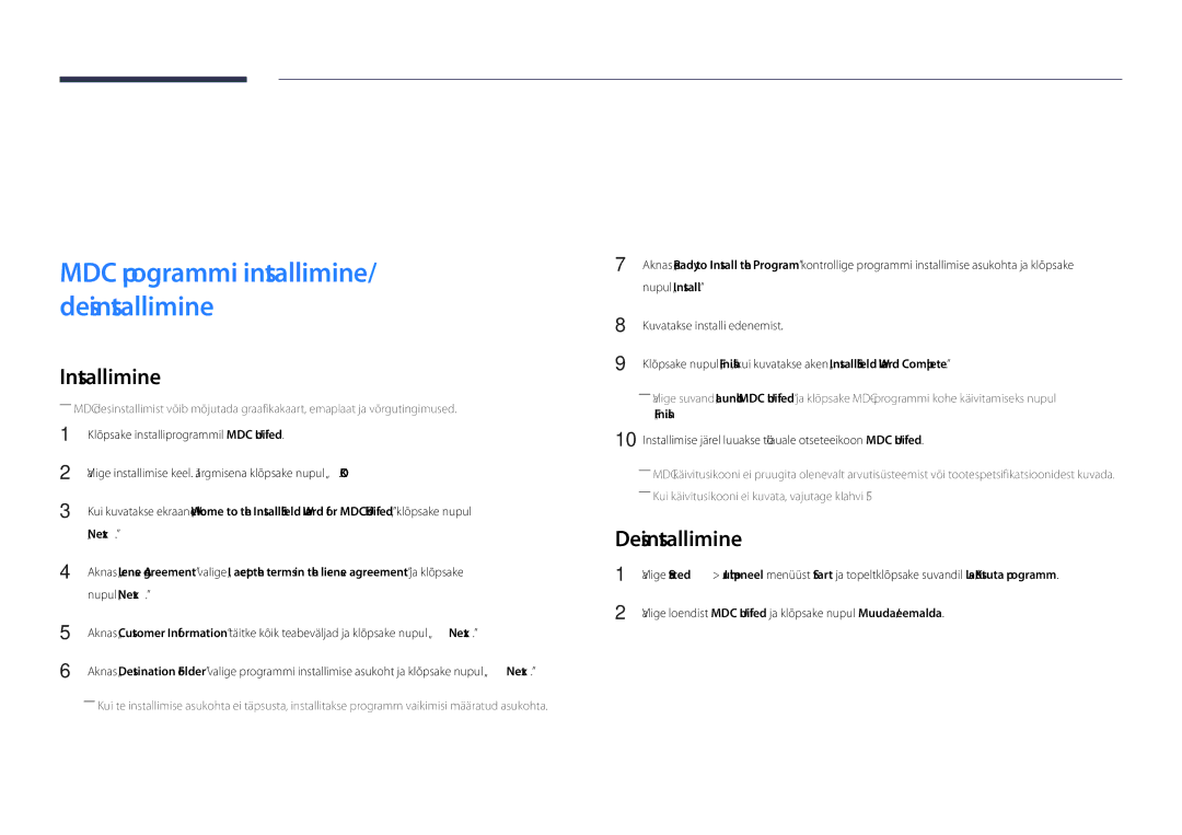 Samsung LH48DHDPLGC/EN, LH55DHDPLGC/EN, LH40DHDPLGC/EN manual MDC kasutamine, Desinstallimine 