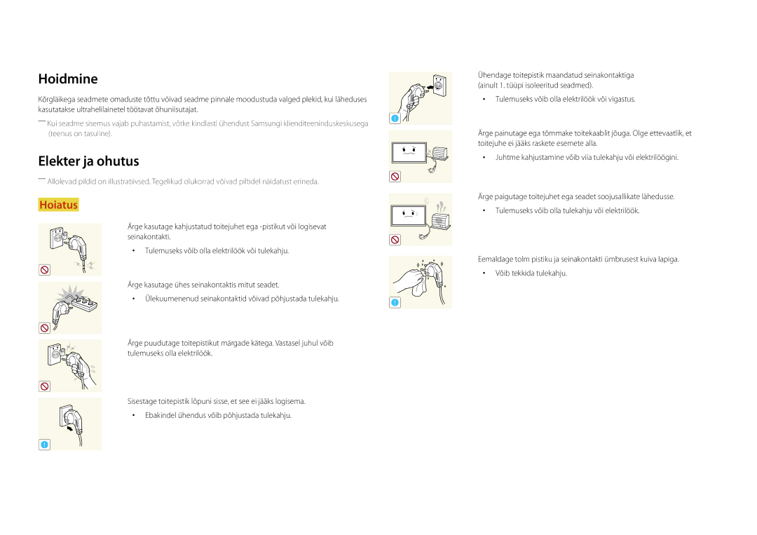 Samsung LH55DHDPLGC/EN, LH48DHDPLGC/EN, LH40DHDPLGC/EN manual Hoidmine, Elekter ja ohutus 