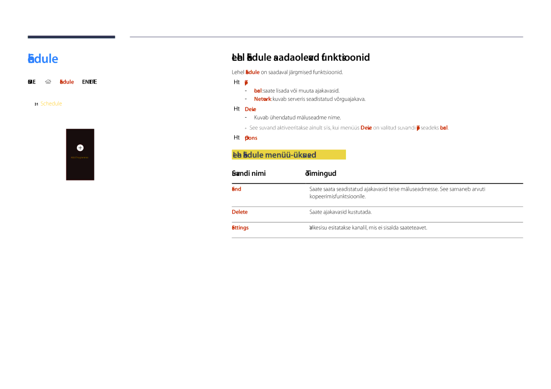 Samsung LH40DHDPLGC/EN, LH55DHDPLGC/EN manual Lehel Schedule saadaolevad funktsioonid, Lehe Schedule menüü-üksused, Type 
