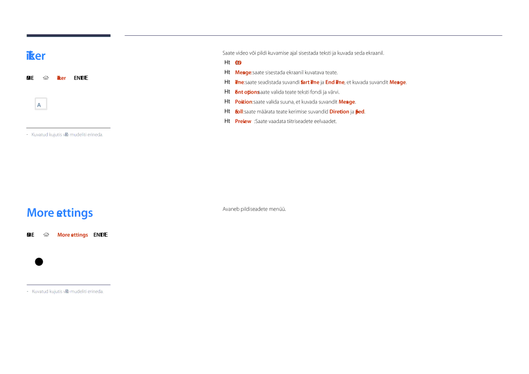 Samsung LH55DHDPLGC/EN, LH48DHDPLGC/EN, LH40DHDPLGC/EN manual Ticker, Home → More settings → Enter E 