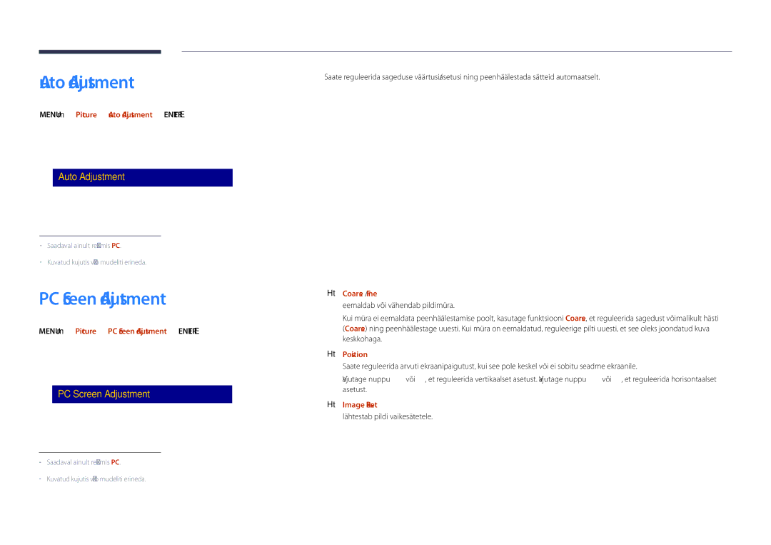 Samsung LH55DHDPLGC/EN, LH48DHDPLGC/EN, LH40DHDPLGC/EN manual Auto Adjustment, PC Screen Adjustment 
