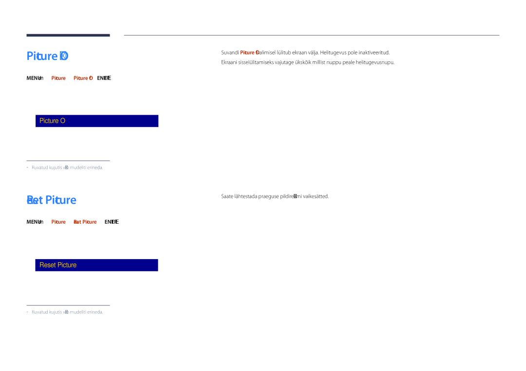 Samsung LH48DHDPLGC/EN, LH55DHDPLGC/EN, LH40DHDPLGC/EN manual Reset Picture, Menu m → Picture → Picture Off → Enter E 