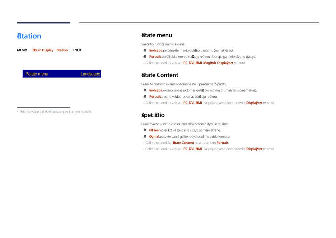 Samsung LH48DHDPLGC/EN, LH55DHDPLGC/EN, LH40DHDPLGC/EN manual Rotation, Rotate menu, Rotate Content, Aspect Ratio 